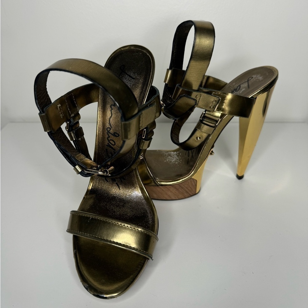 Lanvin Gold Metallic Leather Ankle Heels Sz 39.5